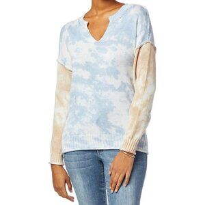 Democracy Bohemian V-Neck Pullover Sweater Light Blue & Tan Tie Dye Size Large